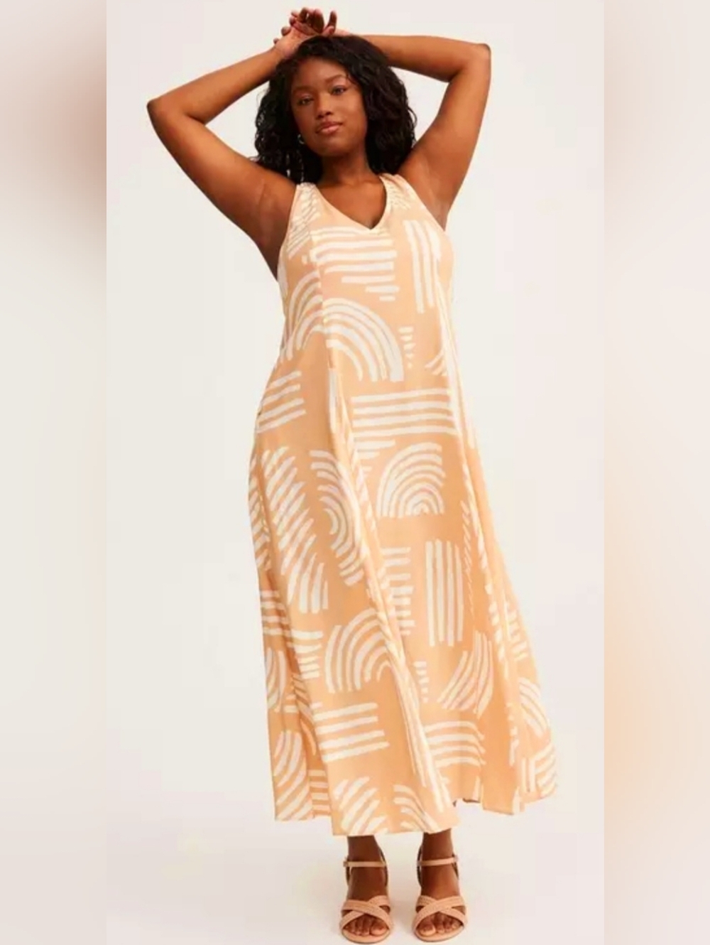 torrid Peach and White Geometric Print V-Neck Maxi Dress